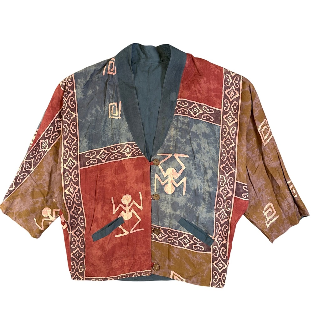 Vintage Patchwork Batik Kimono Jacket Tribal Print Button Front Oversized Multi